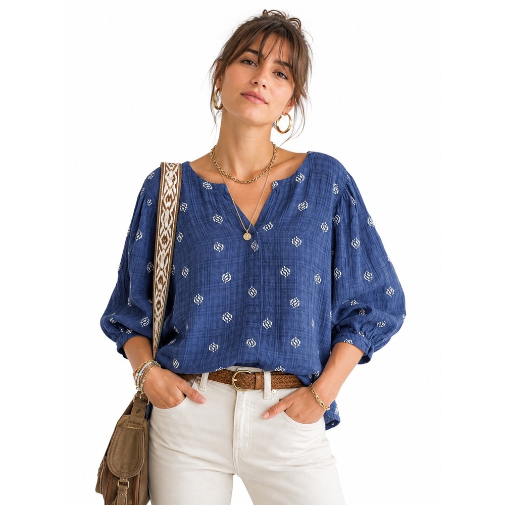 a.n.a Blue White Diamond Print Puff Sleeve Boho Blouse XXL Split V-Neck Gauze